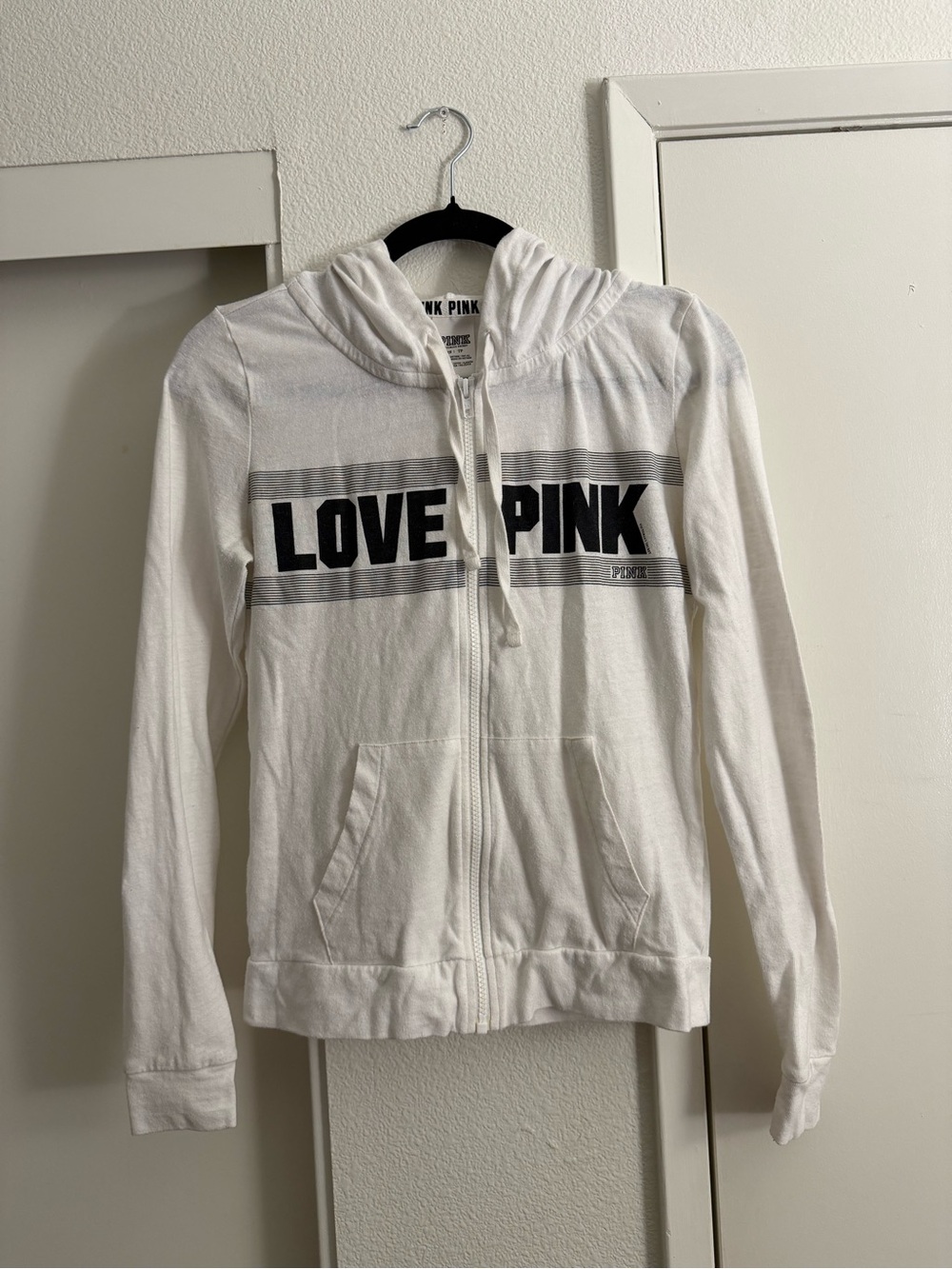 Victoria's Secret PINK White Zip Hoodie with Black 'LOVE PINK' Graphic